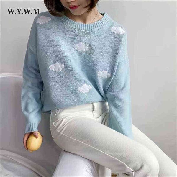 women's sweaters wywm winter loose clouds embroidery knitted sweater women korean casual oneck sweater female base minimalist clothing, White;black
women's sweaters wywm winter loose clouds embroidery knitted sweater women korean casual oneck sweater female base minimalist clothing, White;black