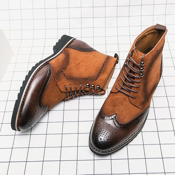 

British Style Brogue Boots Men Shoes Personality PU Stitching Faux Suede Classic Carved Lace Fashion Casual Street Daily AD204, Clear