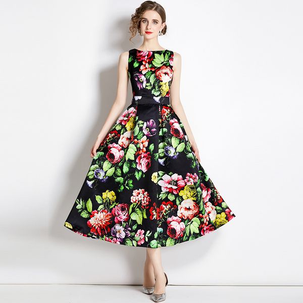 sleeveless tank women vintage dresses o-neck elegant flower printed expansion vestidos waist-closing beach sliming dress, Black;gray
sleeveless tank women vintage dresses o-neck elegant flower printed expansion vestidos waist-closing beach sliming dress, Black;gray