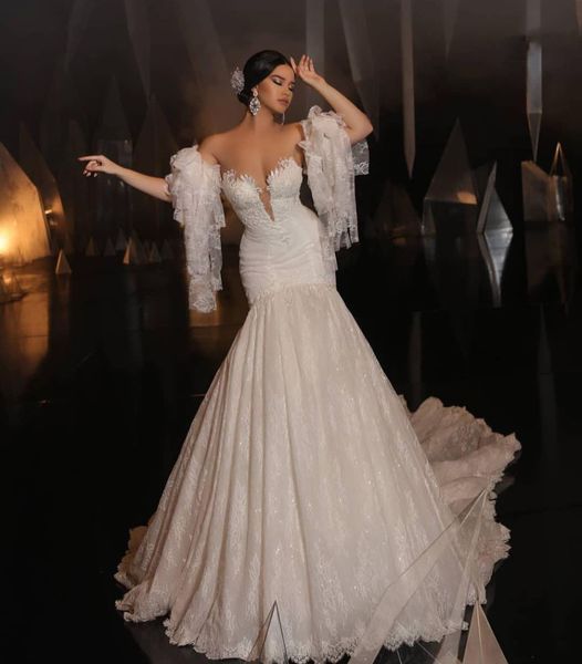 elegant mermaid wedding dresses long sleeves v neck sequins appliques bridal gowns 3d lace sheath ruffles bridal gowns sweep train vestido d, White
elegant mermaid wedding dresses long sleeves v neck sequins appliques bridal gowns 3d lace sheath ruffles bridal gowns sweep train vestido d, White