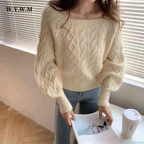 women's sweaters wywm square collar lantern sleeve knitted sweater women trendy simple allmatch sweater female winter base j220915, White;black
women's sweaters wywm square collar lantern sleeve knitted sweater women trendy simple allmatch sweater female winter base j220915, White;black
