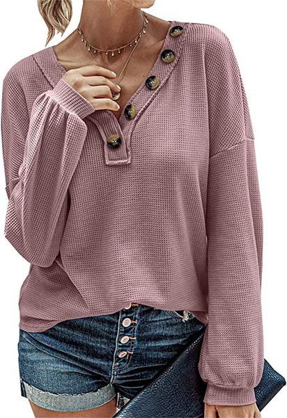 women's t-shirt women waffle knit shirts v-neck long sleeve casual slouchy loose blouses plain faux button lightweight pullover, White
women's t-shirt women waffle knit shirts v-neck long sleeve casual slouchy loose blouses plain faux button lightweight pullover, White