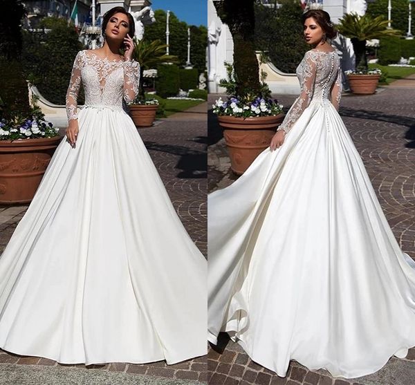 modern satin a line wedding dresses long sleeves glamorous lace appliqued buttons back bridal gowns sweep train elegant plus size desinger r, White
modern satin a line wedding dresses long sleeves glamorous lace appliqued buttons back bridal gowns sweep train elegant plus size desinger r, White