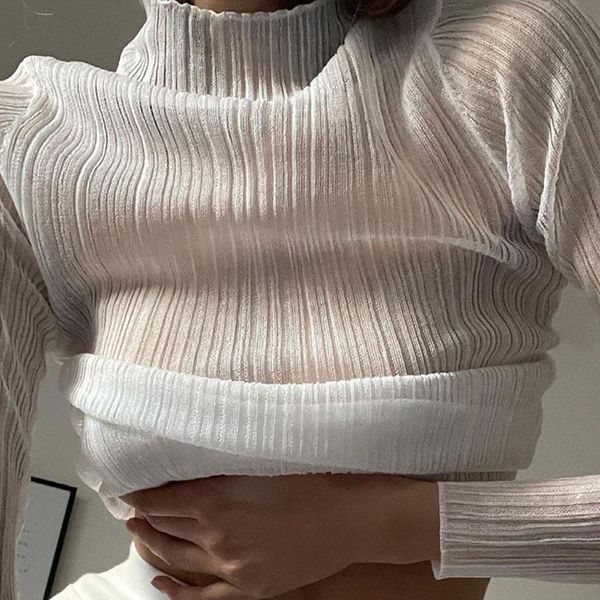 early autumn new women's crew neck long sleeve mesh yarn perspective long t-shirt high collar slim, White
early autumn new women's crew neck long sleeve mesh yarn perspective long t-shirt high collar slim, White
