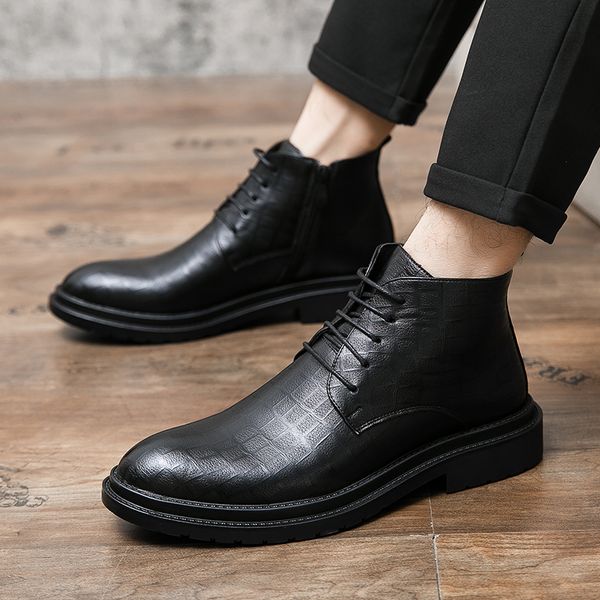 zipper grid pattern designer men shoes martin boots solid color classic leather business casual all-match high-lace-up dress shoes, Black
zipper grid pattern designer men shoes martin boots solid color classic leather business casual all-match high-lace-up dress shoes, Black