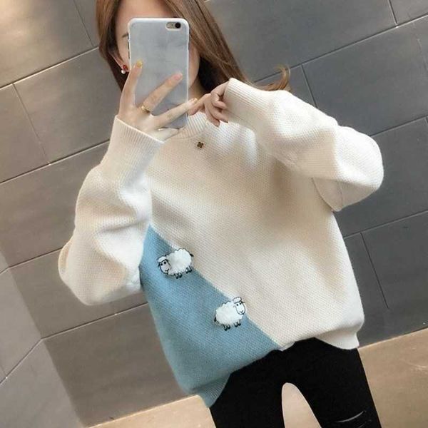 women's sweaters female sweater long sleeve o neck knitted sweater preppy style splicing beautiful sheep pattern jumpers straight 2021, White;black
women's sweaters female sweater long sleeve o neck knitted sweater preppy style splicing beautiful sheep pattern jumpers straight 2021, White;black