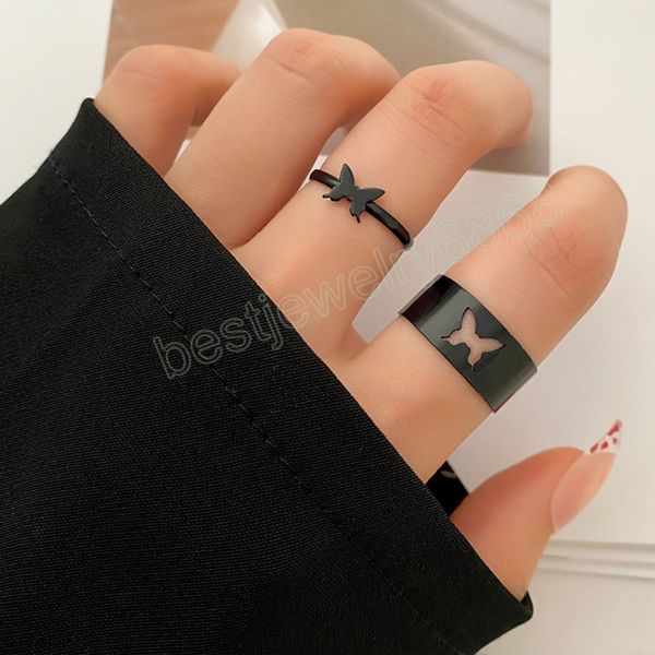vintage simple butterlfly open ring for women girls jewelry punk black couple ring set, Silver 
vintage simple butterlfly open ring for women girls jewelry punk black couple ring set, Silver