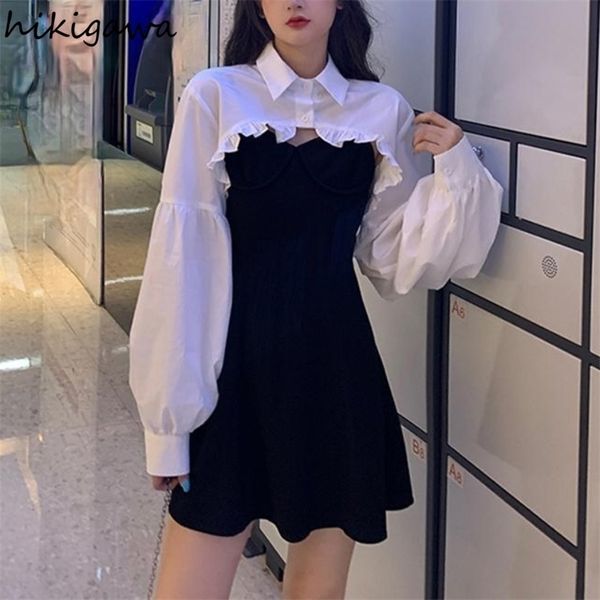 two piece dress hikigawa women clothing sets lantern sleeve short loose shirts with black solid korean fashion women's dress two piece, White
two piece dress hikigawa women clothing sets lantern sleeve short loose shirts with black solid korean fashion women's dress two piece, White