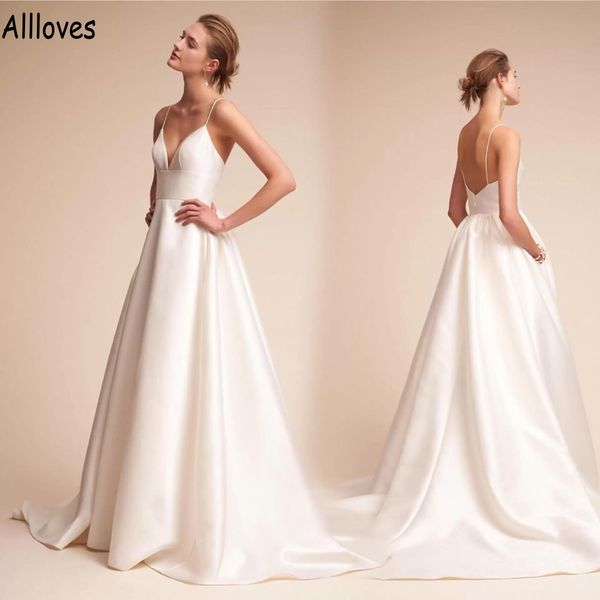 ivory satin a line wedding dresses with pockets elegant boho garden spaghetti straps simple bridal gowns sweep train open back robes de mari, White
ivory satin a line wedding dresses with pockets elegant boho garden spaghetti straps simple bridal gowns sweep train open back robes de mari, White