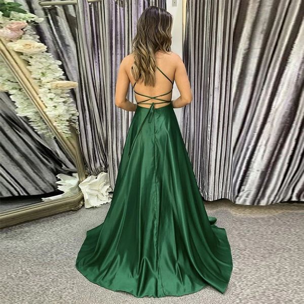 green a line prom dresses long side slit spaghetti strap satin formal evening gowns back bandage vestido, Black
green a line prom dresses long side slit spaghetti strap satin formal evening gowns back bandage vestido, Black