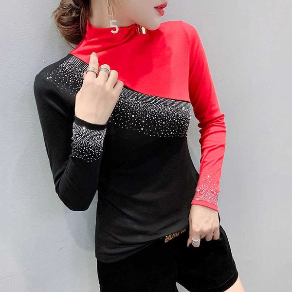 women's t-shirt #5621 green red spliced color turtleneck t shirt women diamonds stretch womens tee shirts korean style turtleneck t-shi, White
women's t-shirt #5621 green red spliced color turtleneck t shirt women diamonds stretch womens tee shirts korean style turtleneck t-shi, White