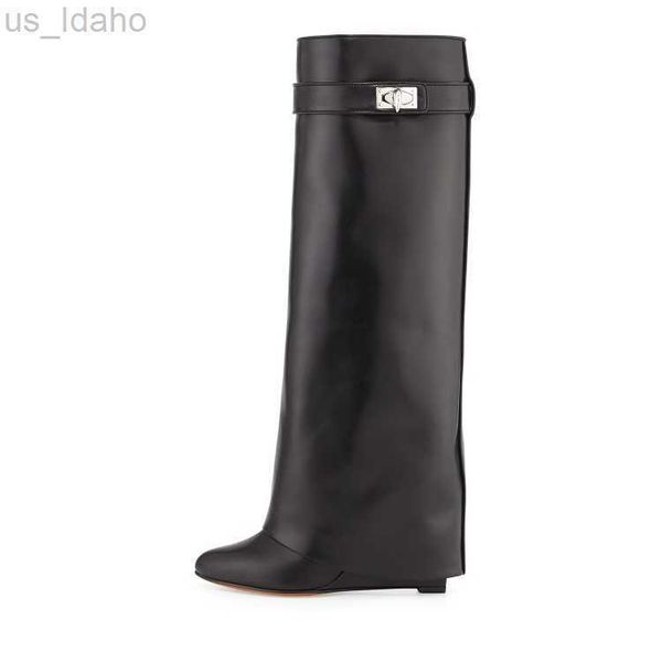 boots selling lock leather gold metal wedge knee-high fold-over winter long for woman black red big size10 l220923
boots selling lock leather gold metal wedge knee-high fold-over winter long for woman black red big size10 l220923