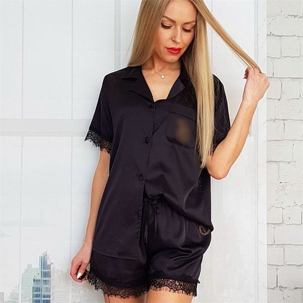women's sleepwear satin pajamas for women shorts sets ladies lace patchwork sleepwear two piece short summer loungewear home clothes 22, Black;red
women's sleepwear satin pajamas for women shorts sets ladies lace patchwork sleepwear two piece short summer loungewear home clothes 22, Black;red