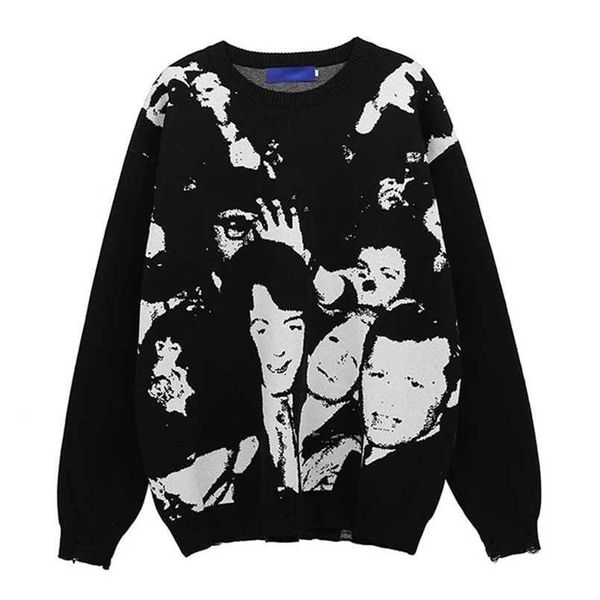 

men's sweaters character jacquard sweater men autumn winter hip hop ripped knitted pullover gothic retro oversize knitwear couples stre, White;black