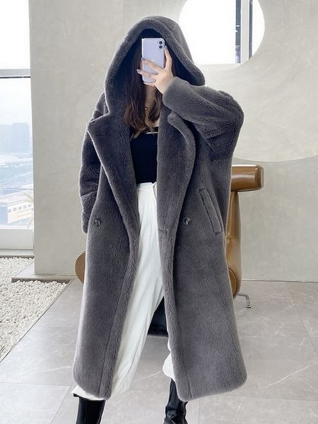 women s fur faux winter coat female double face clothing medium long lamb overcoat with hood warm fashion 220926, Black
women s fur faux winter coat female double face clothing medium long lamb overcoat with hood warm fashion 220926, Black
