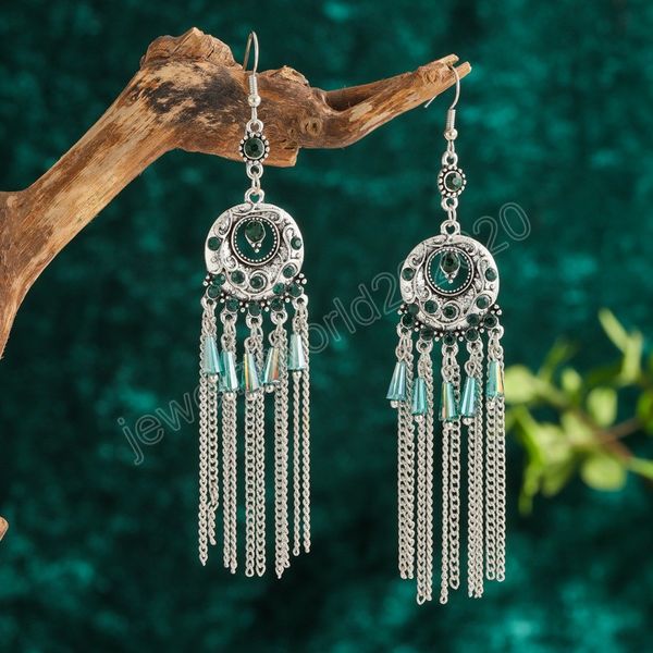 boho round hollow vintage tassel dangle earring women's french style long earrings elegant green crystal silver color chain earrings
boho round hollow vintage tassel dangle earring women's french style long earrings elegant green crystal silver color chain earrings