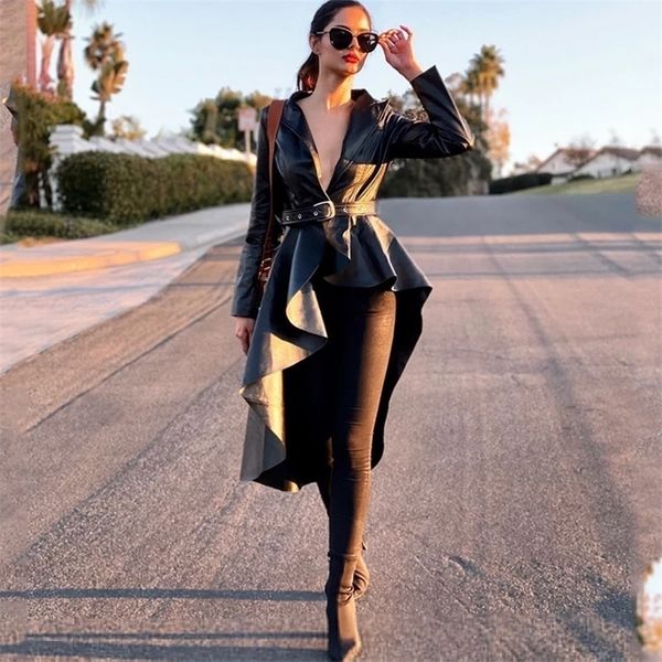 women's trench coats pu leather women's coat vneck longsleeved belt irregular ruffled hem evening track party coat female fashion, Tan;black
women's trench coats pu leather women's coat vneck longsleeved belt irregular ruffled hem evening track party coat female fashion, Tan;black