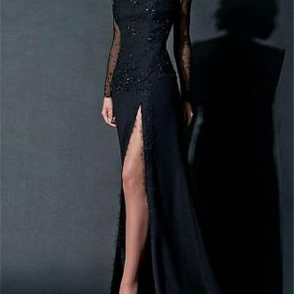 party dresses sheath column engagement formal evening dress scoop neck long sleeve chiffon with beading lace insert split front 220923, White;black
party dresses sheath column engagement formal evening dress scoop neck long sleeve chiffon with beading lace insert split front 220923, White;black
