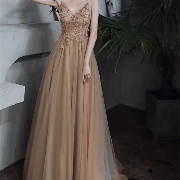 party dresses luxury champagne evening dresses straps long vneck aline sleeveless beading sequins formal party cocktail prom gowns 220923, White;black