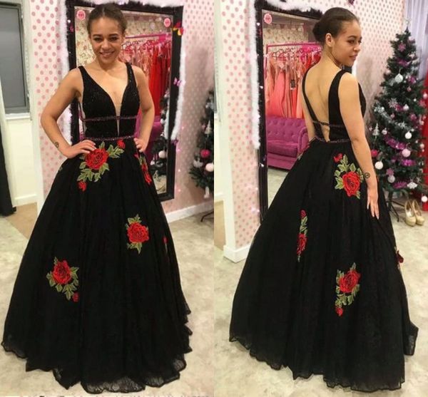 2023 floral rose flowers applique evening dresses formal women black tulle v-neck v open back a-line prom homecominbg dress long girls, Black;red
2023 floral rose flowers applique evening dresses formal women black tulle v-neck v open back a-line prom homecominbg dress long girls, Black;red