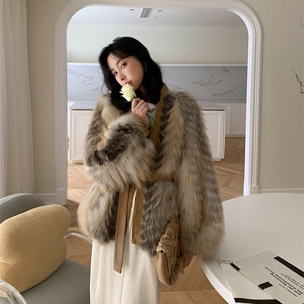 women s fur faux winter coats autumn casual short lantern sleeve belt slim rare brown golden island jackets 220926, Black