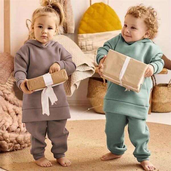pullover autumn winter thickened children's clothing boys and girls sports suits casual pullover hooded trousers twopiece set 220924, Blue