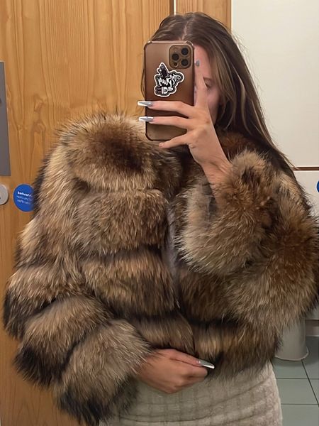 women s fur faux furyoume winter real raccoon coat women natural jacket outerwear o neck long sleeve thick warm fashion streetwear 220926, Black
women s fur faux furyoume winter real raccoon coat women natural jacket outerwear o neck long sleeve thick warm fashion streetwear 220926, Black