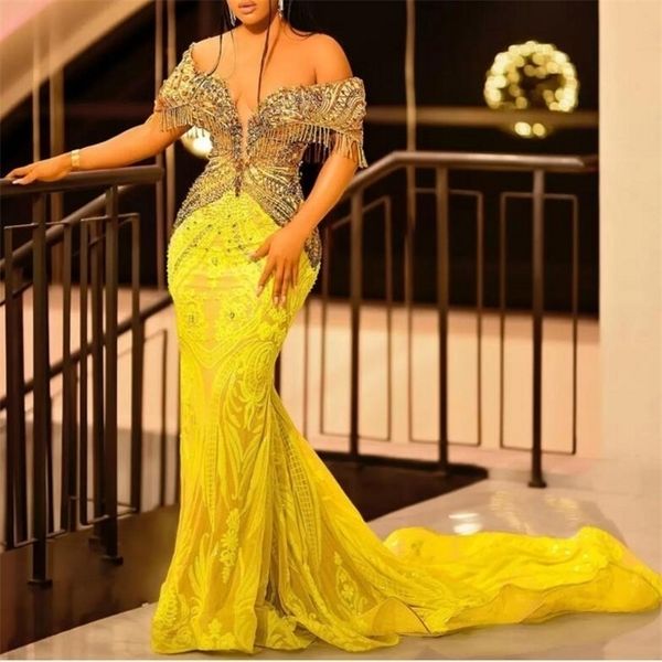 party dresses yellow lace prom dresses off the shoulder beads tassels appliques long mermaid evening dress for african women party gowns 220, White;black
party dresses yellow lace prom dresses off the shoulder beads tassels appliques long mermaid evening dress for african women party gowns 220, White;black