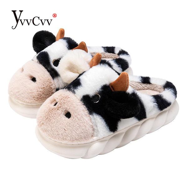 

slippers yvvcvv cute fluffy fur cow slippers women winter fuzzy platform animal slides furry memory foam slippers girls kawaii shoes 220926, Black