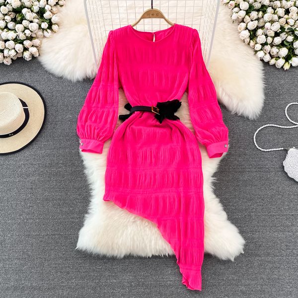 fashionable dress european and american celebrities' temperament round neck bubble long sleeved waist tie thin irregular, Black;gray
fashionable dress european and american celebrities' temperament round neck bubble long sleeved waist tie thin irregular, Black;gray