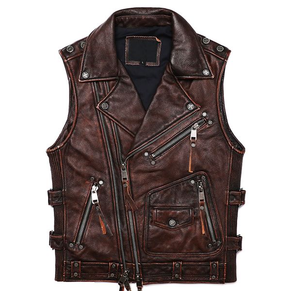 men s vests vintage brown motorcycle biker leather vest men real cowhide sleeveless jacket slim club style coat 220926, Black;white
men s vests vintage brown motorcycle biker leather vest men real cowhide sleeveless jacket slim club style coat 220926, Black;white