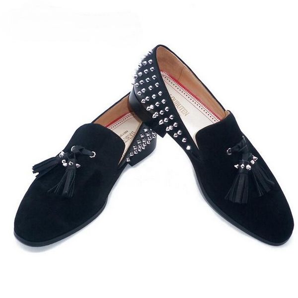 handmade patchwork shoes black suede leather spikes mens loafers luxury tassels back rivets red soled oxfords men wedding dress shoe slip on
handmade patchwork shoes black suede leather spikes mens loafers luxury tassels back rivets red soled oxfords men wedding dress shoe slip on