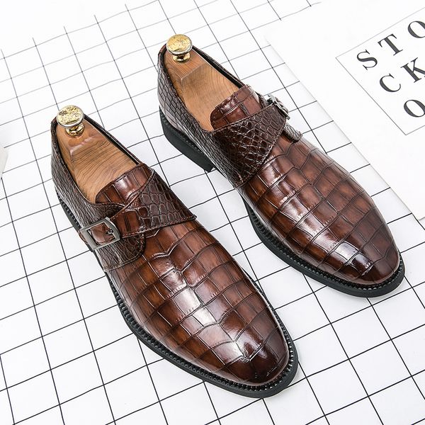 

Classic Monk Shoes Men Shoes Solid Color Crocodile Pattern PU Pointed Retro Side Buckle Business Casual Wedding Everyday Versatile AD272, Clear