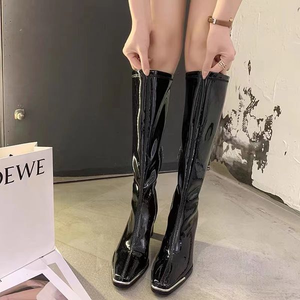 long tube cavalry boots spring and autumn 2022 new style square head patent leather thick high-heeled boots, Black
long tube cavalry boots spring and autumn 2022 new style square head patent leather thick high-heeled boots, Black