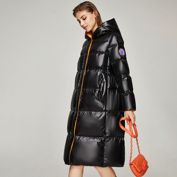 womens shiny hooded white duck down jacket winter casual thickened long laser coat, Black
womens shiny hooded white duck down jacket winter casual thickened long laser coat, Black