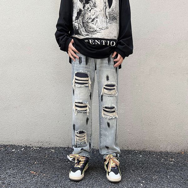 men's jeans hip hop ripped hole mens vintage patchwork fashion straight baggy punk male wide leg denim pants streetwear 220927, Blue
men's jeans hip hop ripped hole mens vintage patchwork fashion straight baggy punk male wide leg denim pants streetwear 220927, Blue