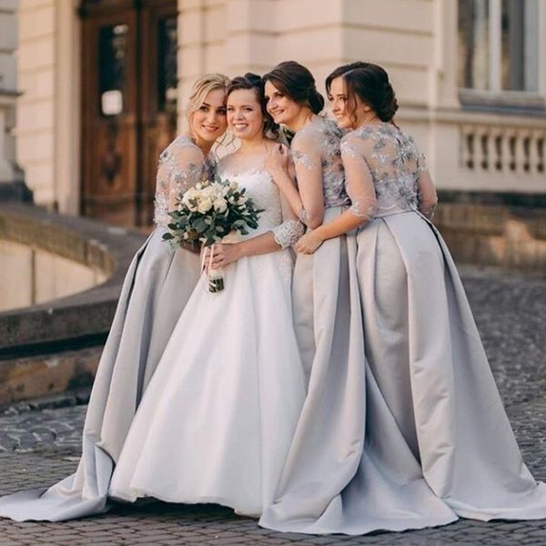 2023 satin a line bridesmaid dresses sheer neck half sleeves sweep train bridesmaids gowns with lace applique formal, White;pink
2023 satin a line bridesmaid dresses sheer neck half sleeves sweep train bridesmaids gowns with lace applique formal, White;pink