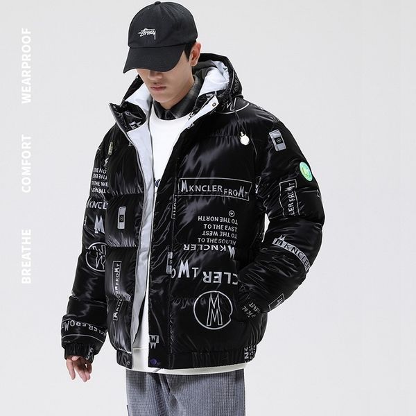 men's down parkas couples letter print winter jacket men thickened warm fashion shiny hooded cotton coat with hood 220927, Black
men's down parkas couples letter print winter jacket men thickened warm fashion shiny hooded cotton coat with hood 220927, Black