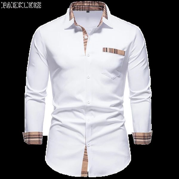men's casual shirts parklees autumn plaid patchwork formal for men slim long sleeve white button up shirt dress business office camisas, White;black
men's casual shirts parklees autumn plaid patchwork formal for men slim long sleeve white button up shirt dress business office camisas, White;black