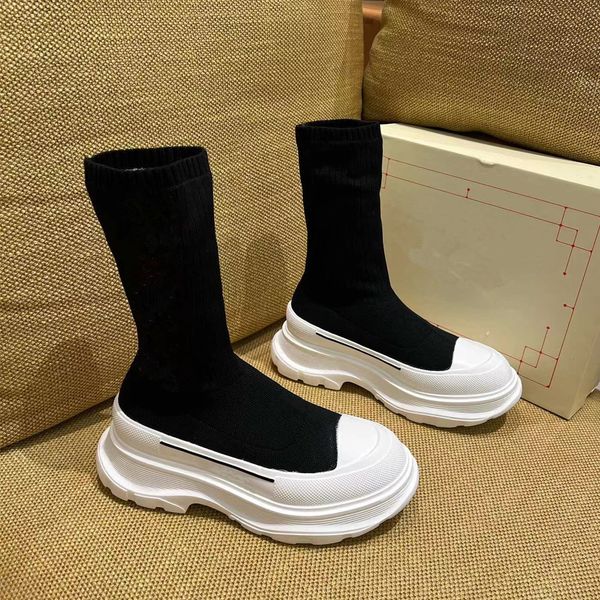 

New women's long boots luxury designer socks boots fashion high heels platform shoes knitted alphabet flat jelly non-slip round toe rubber leather 35-41