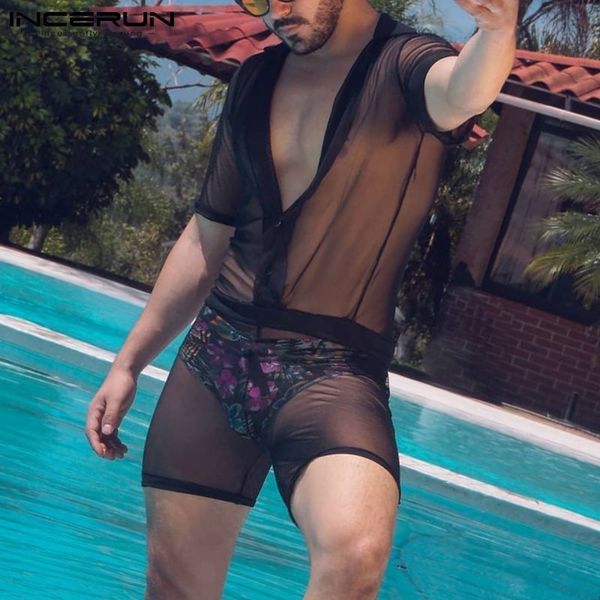 men's sleepwear men rompers pajamas mesh transparent lapel short sleeve button jumpsuits breathable homewear playsuits s5xl incerun 220, Black;brown
men's sleepwear men rompers pajamas mesh transparent lapel short sleeve button jumpsuits breathable homewear playsuits s5xl incerun 220, Black;brown