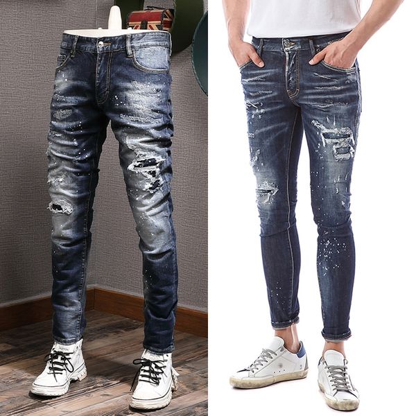 men's jeans slim fit stitching and painted blue vintage wash leg denim trousers male
men's jeans slim fit stitching and painted blue vintage wash leg denim trousers male