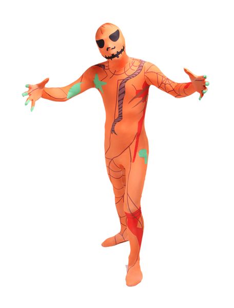 halloween cosplay catsuit costume orange pumpkin print lycar full bodysuit, Black