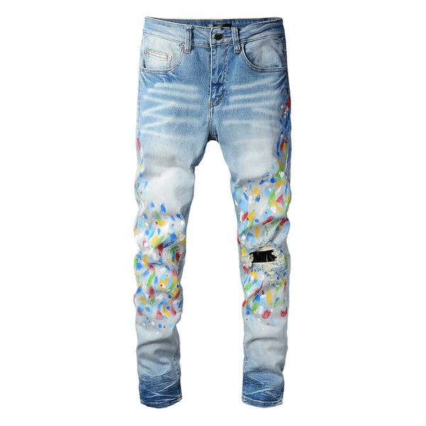 men's jeans spray paint painted jeans trend slim skinny pants blue knee ripped trousers
men's jeans spray paint painted jeans trend slim skinny pants blue knee ripped trousers