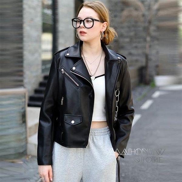 women's leather faux zaaho spring autumn women black jacket solid zipper with belt biker coat female casual outerwear 220928
women's leather faux zaaho spring autumn women black jacket solid zipper with belt biker coat female casual outerwear 220928