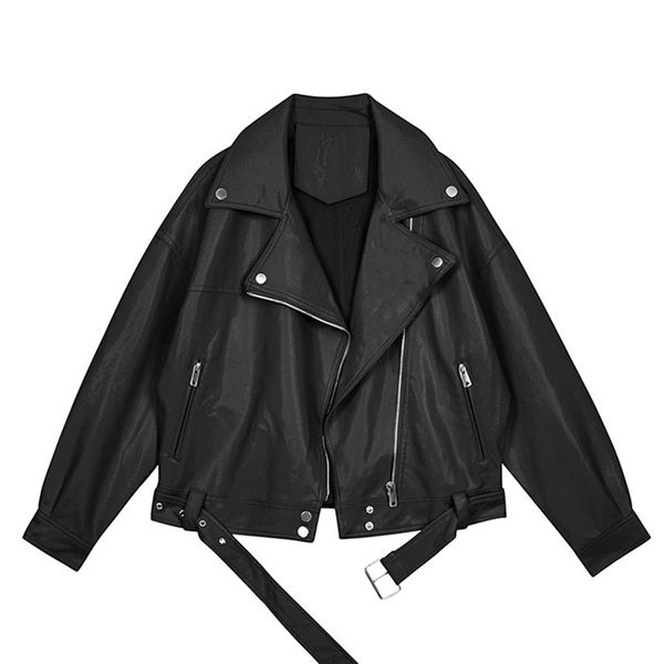 women's leather faux sungtin loose pu jacket women with belt black soft street moto biker coat outerwear 220928
women's leather faux sungtin loose pu jacket women with belt black soft street moto biker coat outerwear 220928