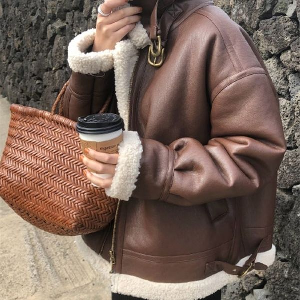 women's fur faux syiwidii coat fall winter jacket for women loose warm lambswool thicken locomotive lapel female pu outerwear 220928, Black
women's fur faux syiwidii coat fall winter jacket for women loose warm lambswool thicken locomotive lapel female pu outerwear 220928, Black