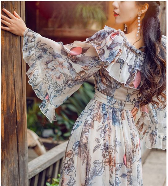 women summer romantic floral printing chiffon dress elegant female x-long slash neck ruffles maxi casual dresses, Black;gray
women summer romantic floral printing chiffon dress elegant female x-long slash neck ruffles maxi casual dresses, Black;gray