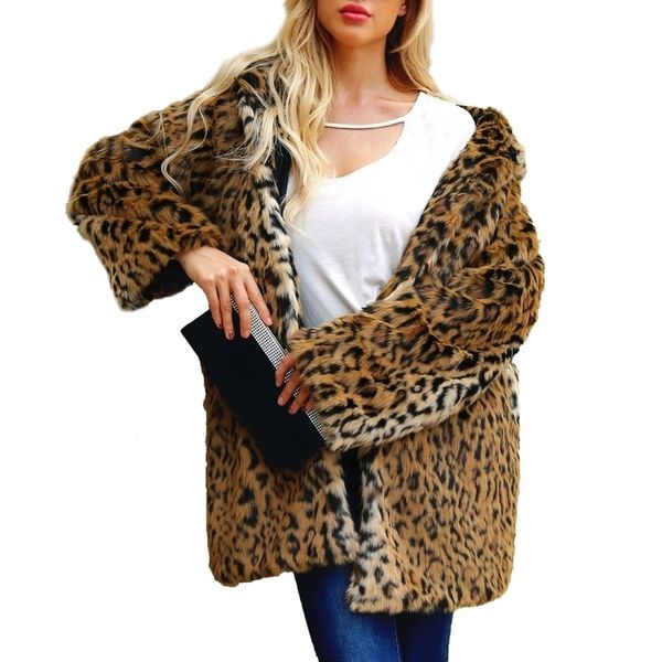 womens fur faux leopardprint coat luxury for winter warm fashion leopard artificial 220927, Black