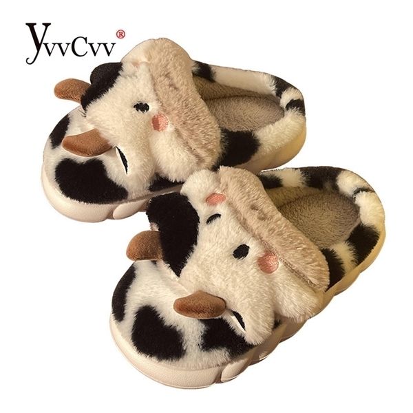 

slippers yvvcvv lovely animal women fuzzy cow platform winter warm plush slides indoor fluffy fur shoes 220926, Black